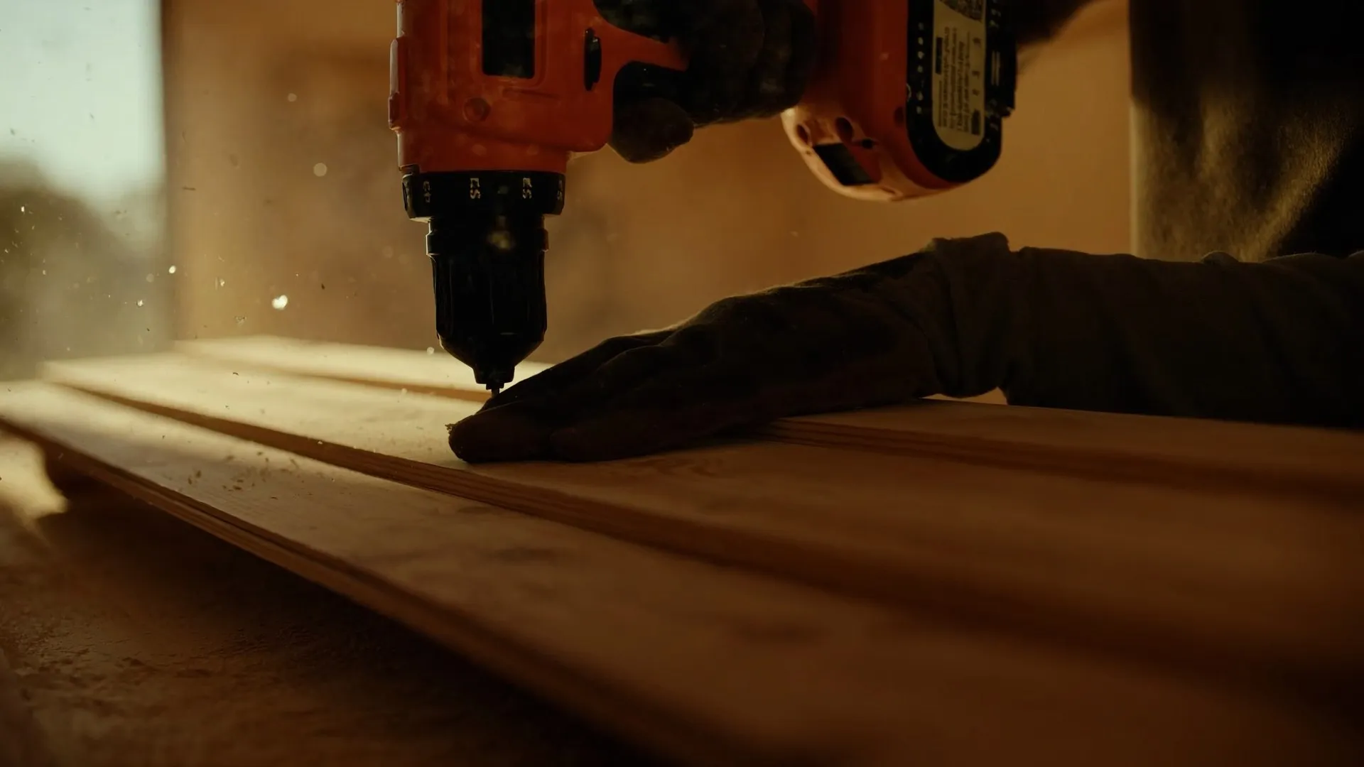 A 604 Handyman team member drilling into raw cedar, dust catching the afternoon light.